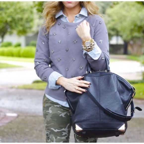 J. Crew Grey Silver Sparkle Beaded Accents Crewneck Sweatshirt Women’s S Holiday - Picture 2 of 13